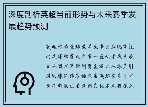 深度剖析英超当前形势与未来赛季发展趋势预测