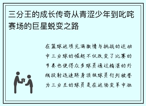 三分王的成长传奇从青涩少年到叱咤赛场的巨星蜕变之路 三分王的成长传奇从青涩少年到叱咤赛场的巨星蜕变之路